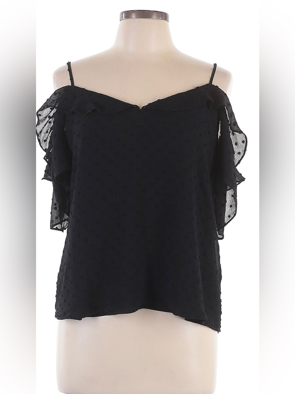 CeCe Black Off-Shoulder Ruffle Swiss Dot Camisole